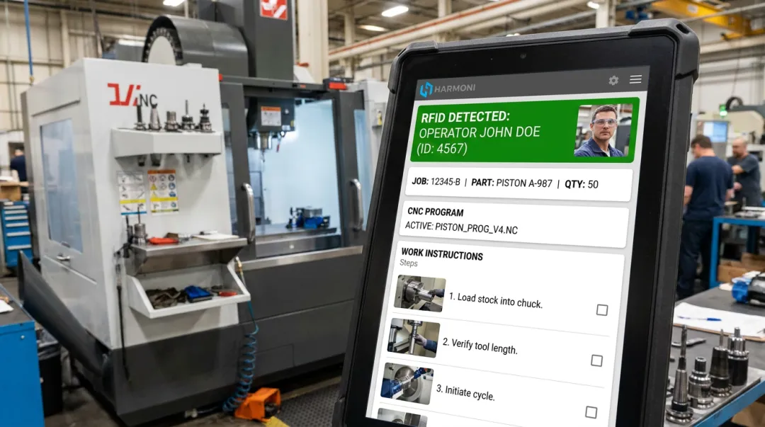 Harmoni factory orchestration platform workcenter screen displaying RFID operator detection and job instructions