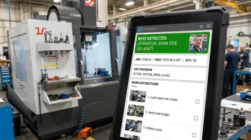 Harmoni factory orchestration platform workcenter screen displaying RFID operator detection and job instructions