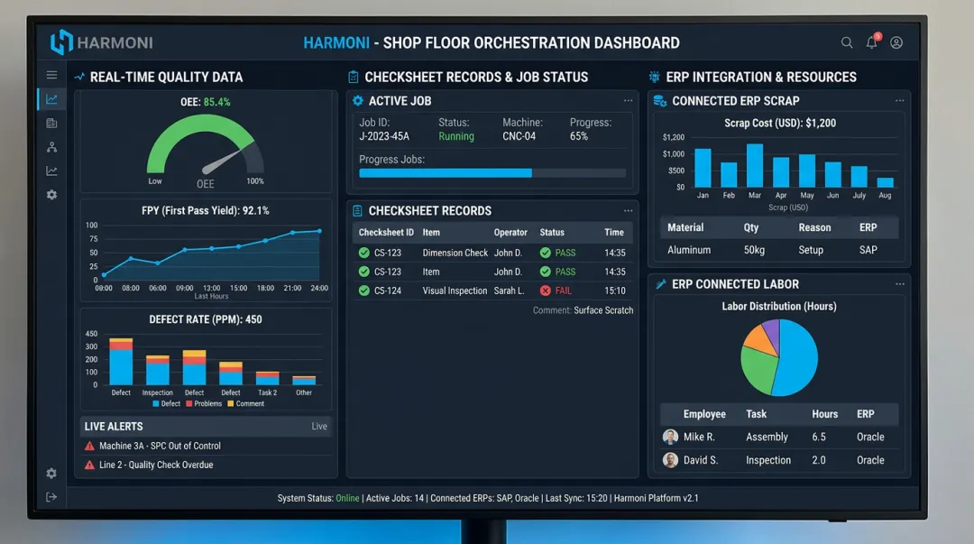 Harmoni shop floor dashboard displaying real-time quality data and ERP integration metrics