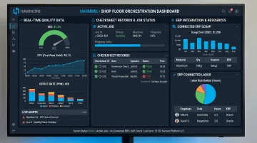 Harmoni shop floor dashboard displaying real-time quality data and ERP integration metrics