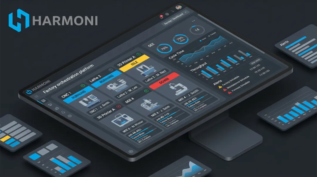 Harmoni factory orchestration dashboard displaying real-time shop floor machine and operator data
