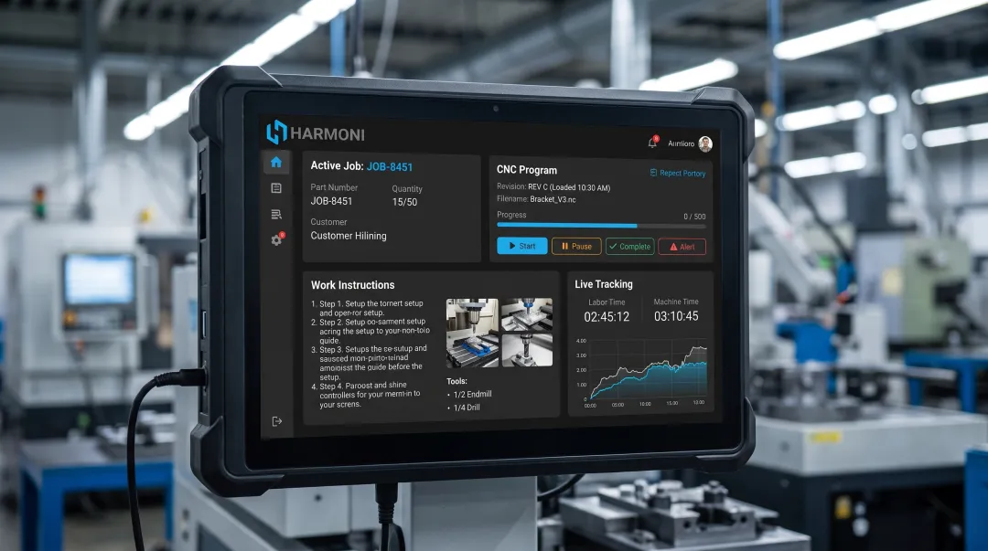 Factory orchestration platform terminal displaying real-time job and labor tracking