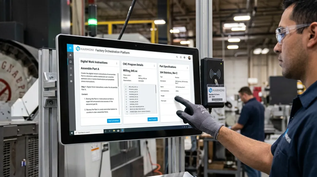 Harmoni platform screen displaying real-time work instructions at CNC workcenter
