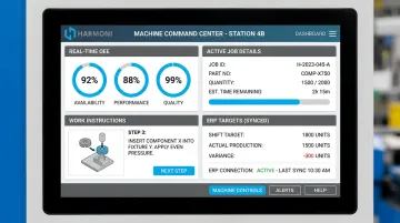 Harmoni factory orchestration platform machine-side dashboard displaying real-time OEE and job data