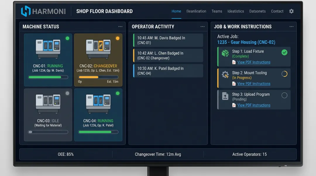 Harmoni factory orchestration dashboard displaying real-time machine and operator data