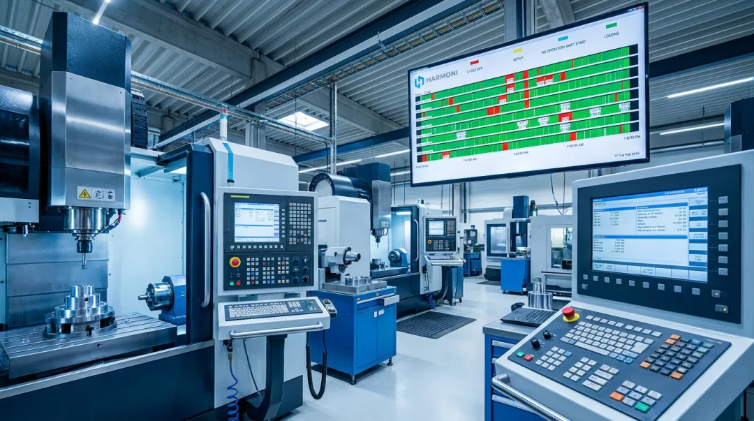 CNC machining facility with modern controller interfaces and industrial IoT monitoring equipment