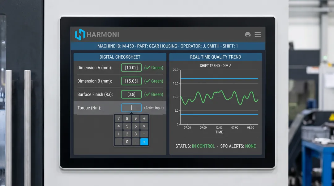 Harmoni digital quality checksheet interface showing real-time measurement logging
