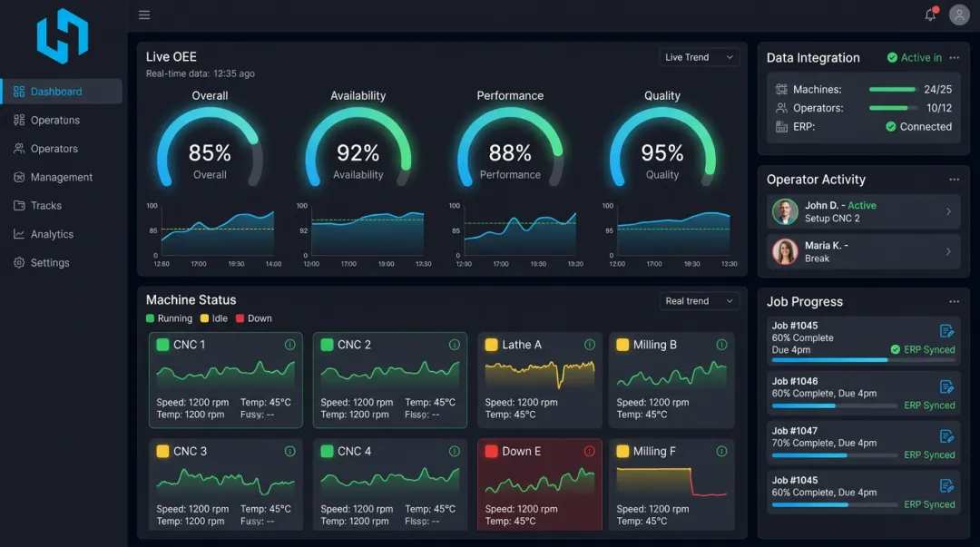 Harmoni factory orchestration platform dashboard displaying real-time machine status and job progress