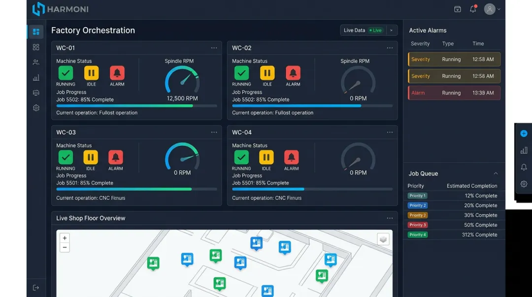 Harmoni factory orchestration dashboard displaying real-time machine status and job progress