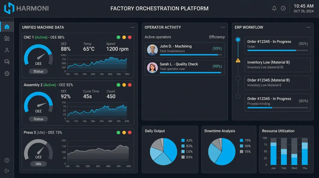 Harmoni platform dashboard displaying real-time machine data and factory floor visibility