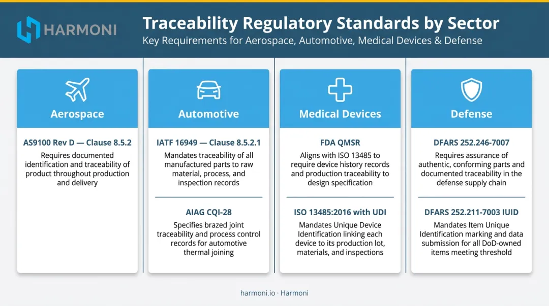 Manufacturing traceability compliance standards by industry sector comparison chart