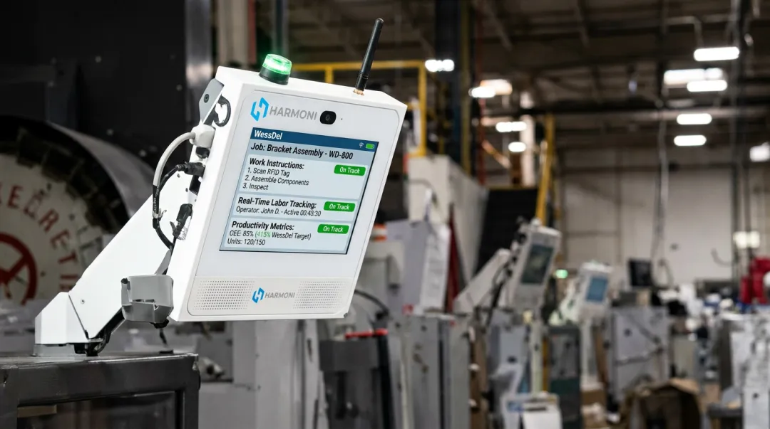 Harmoni RFID machine-side workcenter interface showing operator productivity metrics and job data