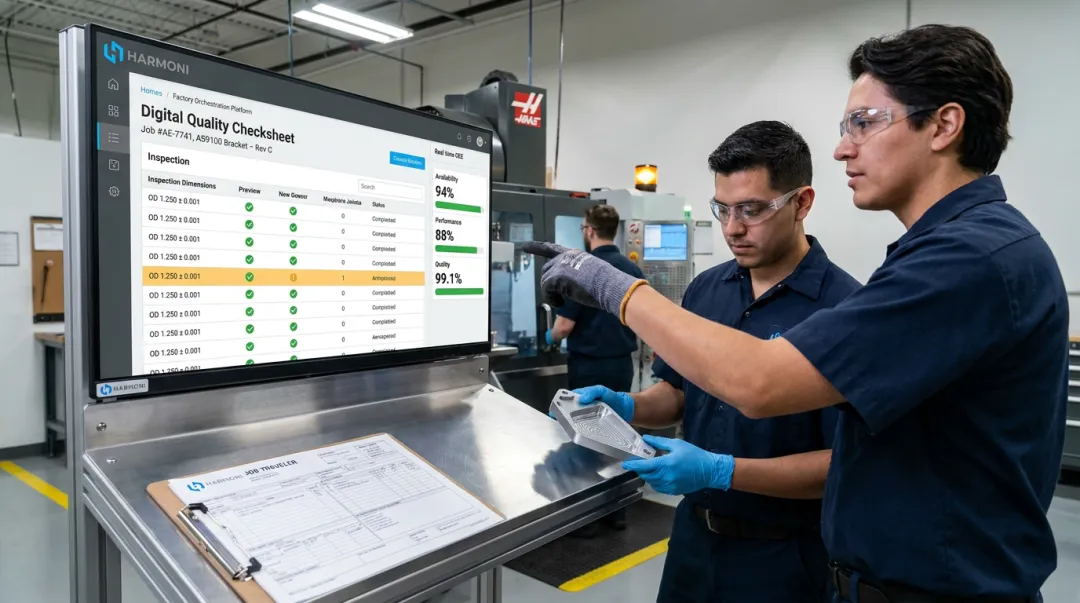 Aerospace manufacturing quality control inspection of precision components on production floor