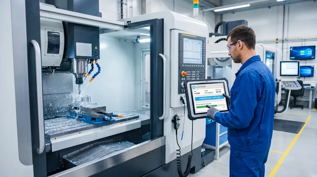 Manufacturing operator completing automated ERP transaction at machine workstation