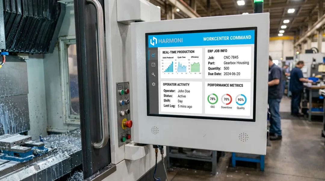 Harmoni platform workcenter dashboard showing real-time production metrics and operator activity