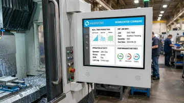 Harmoni platform workcenter dashboard showing real-time production metrics and operator activity