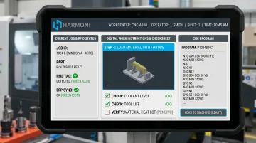Harmoni workcenter command center displaying digital work instructions and CNC program