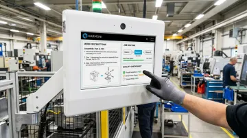 Harmoni workcenter terminal displaying work instructions job data and quality checksheets