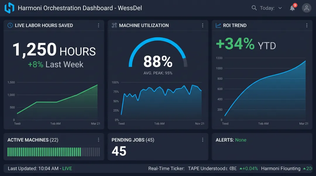 Harmoni platform dashboard showing labor productivity gains and ROI metrics