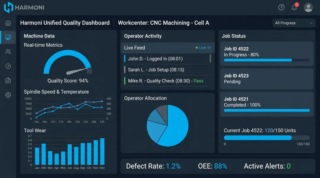 Harmoni factory orchestration platform dashboard displaying real-time workcenter quality metrics