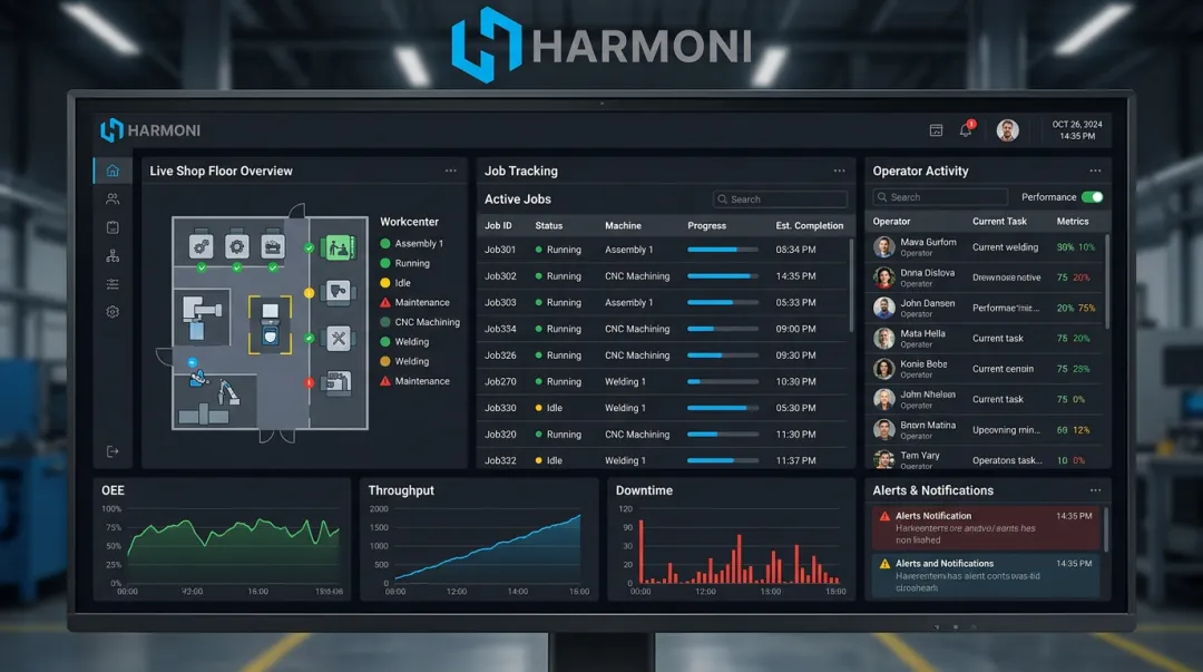 Harmoni factory orchestration platform dashboard displaying live shop floor metrics and job status