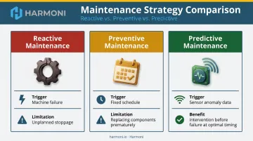 Three manufacturing maintenance approaches reactive preventive and predictive comparison chart