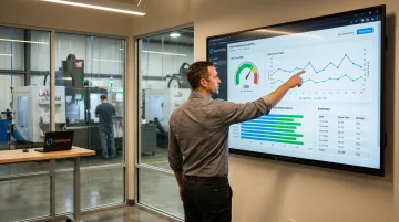 Plant manager reviewing historical production analytics data on large dashboard screen