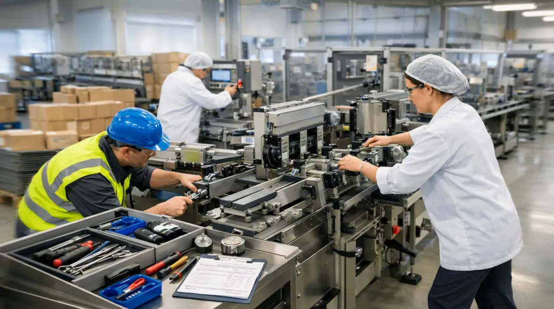 Manufacturing technician performing rapid equipment changeover on industrial production line