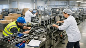 Manufacturing technician performing rapid equipment changeover on industrial production line
