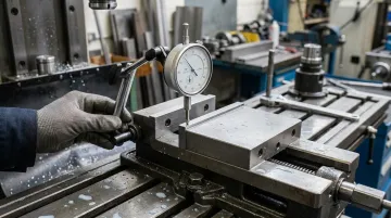 Machinist using dial indicator to square CNC vise on milling machine table