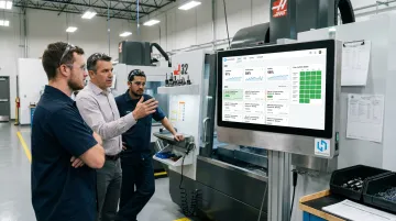 Manufacturing shop floor team openly discussing quality issue in collaborative safety-first environment