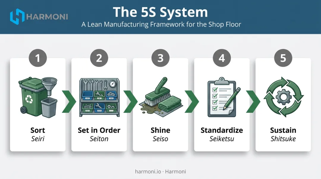 5S workplace organization system five sequential steps illustrated