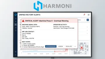 Harmoni platform dashboard combining machine signals operator activity and ERP job data