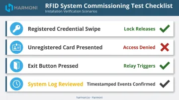 RFID access control system four-scenario commissioning test checklist infographic