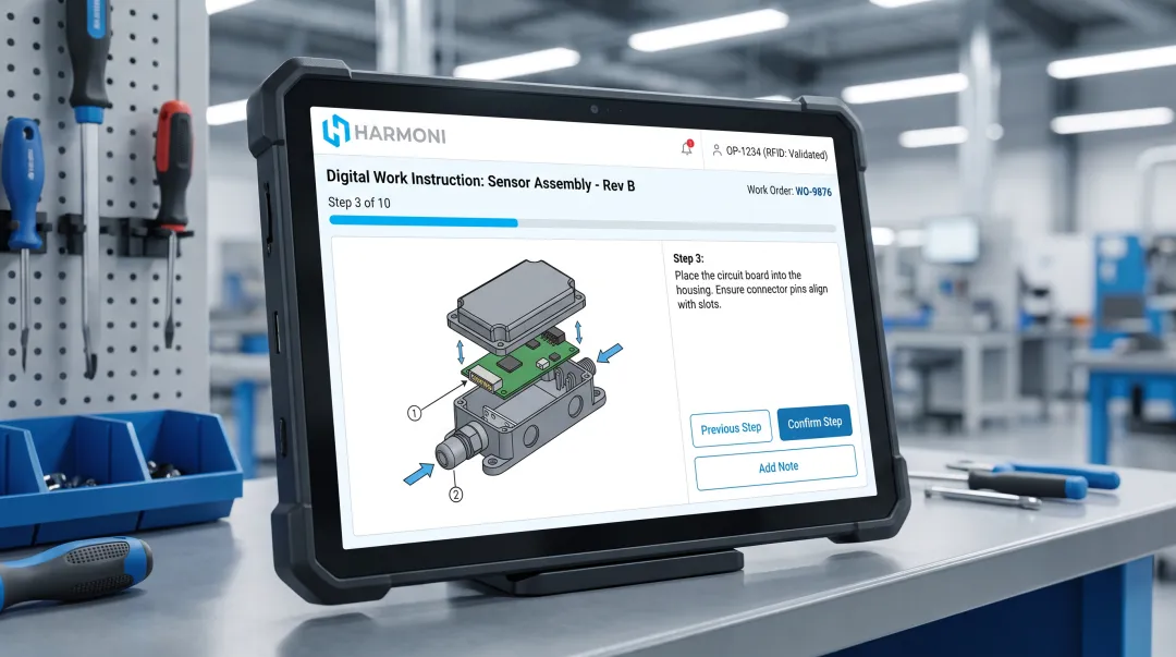 Factory orchestration platform screen displaying RFID-triggered digital work instructions