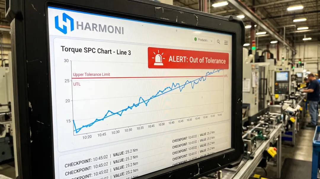 Real-time SPC trend chart dashboard flagging out-of-tolerance measurement drift