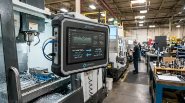 Harmoni terminal connected to CNC machine displaying live ERP integration dashboard
