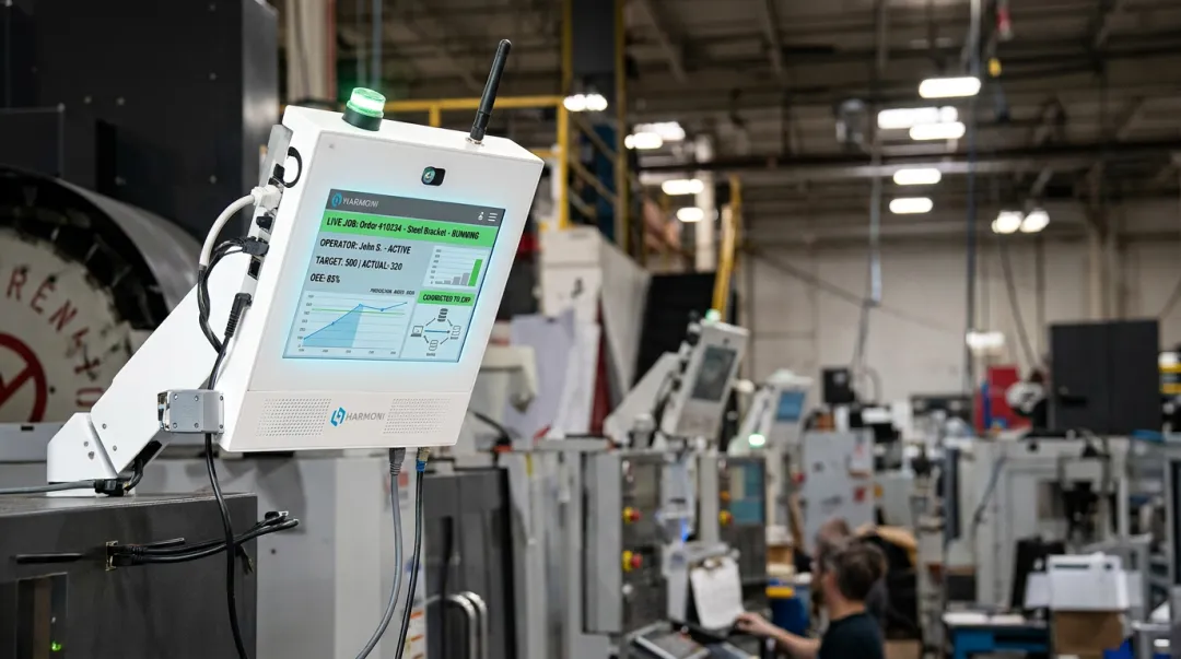 Harmoni shop floor terminal connected to Epicor ERP displaying live job status dashboard