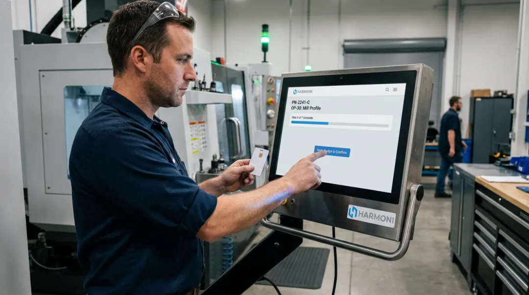 CNC machine operator using digital shop floor terminal with RFID badge authentication