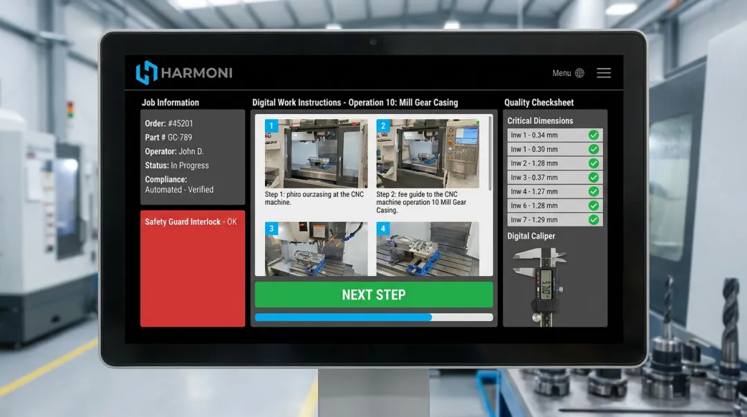 Harmoni platform digital work instructions and quality checksheet interface at machine workcenter