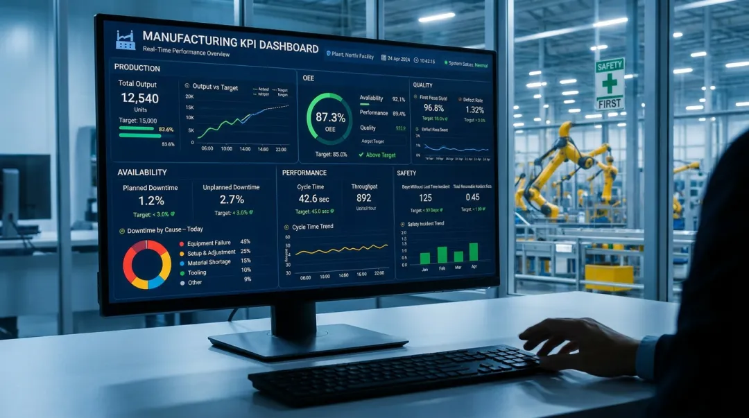 Manufacturing executive reviewing smart factory investment dashboard with production output metrics