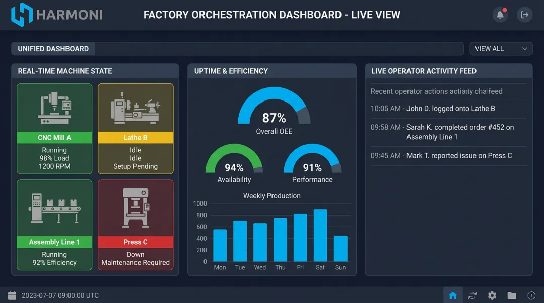 Harmoni factory orchestration dashboard displaying real-time machine uptime and utilization metrics