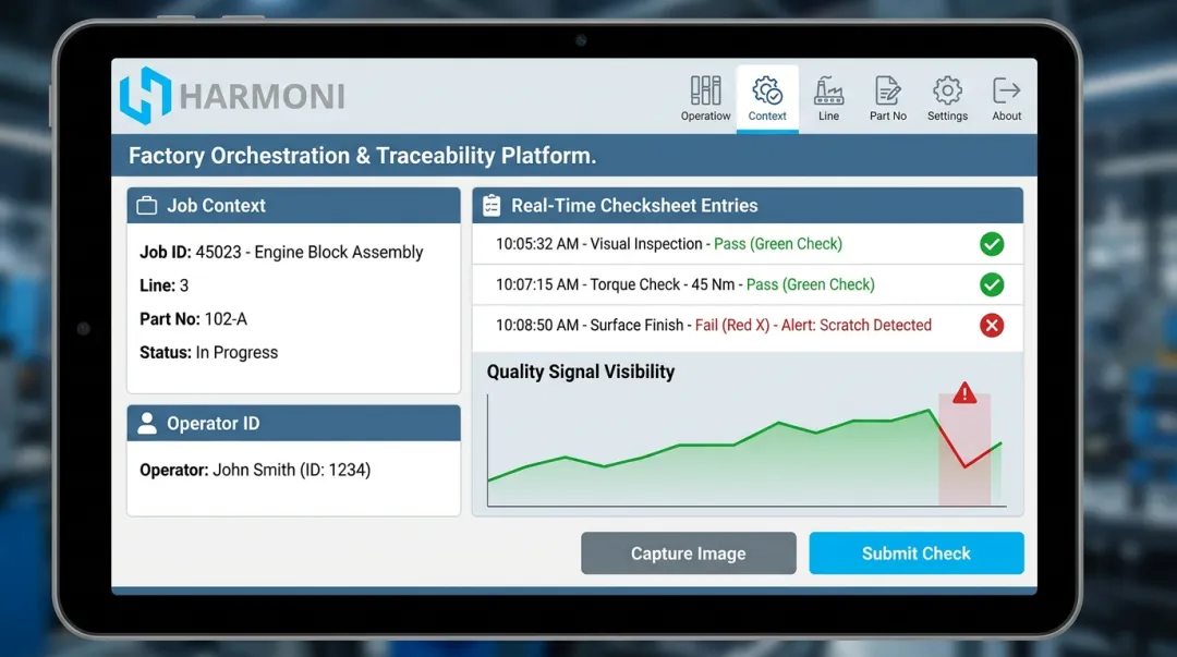Harmoni digital quality checksheet interface displaying real-time machine-side production data