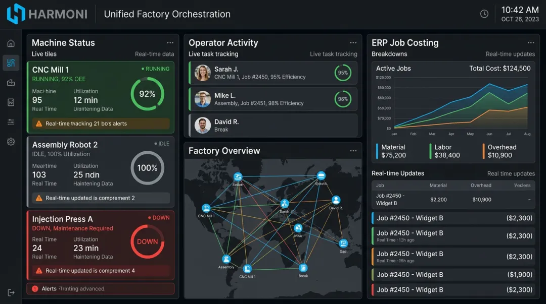 Harmoni factory orchestration platform dashboard unifying machine operator and ERP data