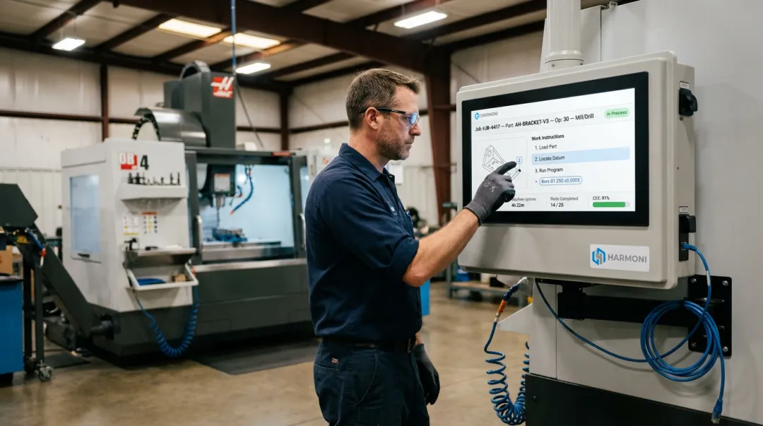 Manufacturing operator using RFID workstation terminal on active CNC machine shop floor