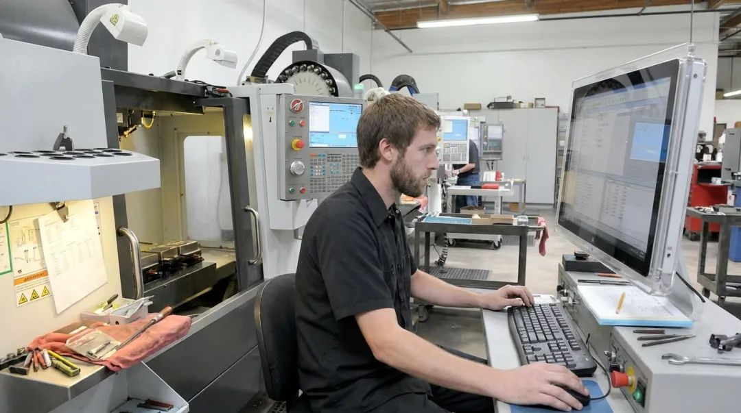 Manufacturing operator at CNC machine with ERP terminal visible in background