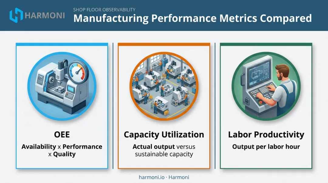 Comparison of OEE versus capacity utilization and labor productivity metrics