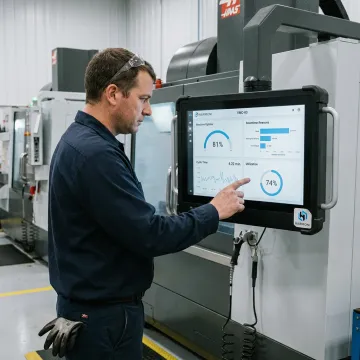 Operator reviewing uptime data beside CNC machine