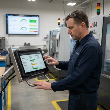Connected manufacturing software dashboard on a CNC shop floor