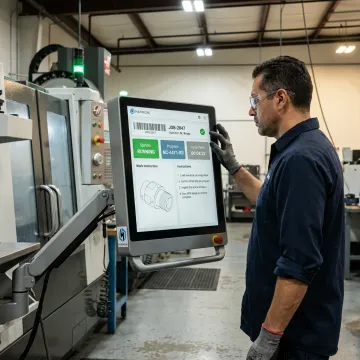 Operator using Harmoni interface at a CNC workcenter